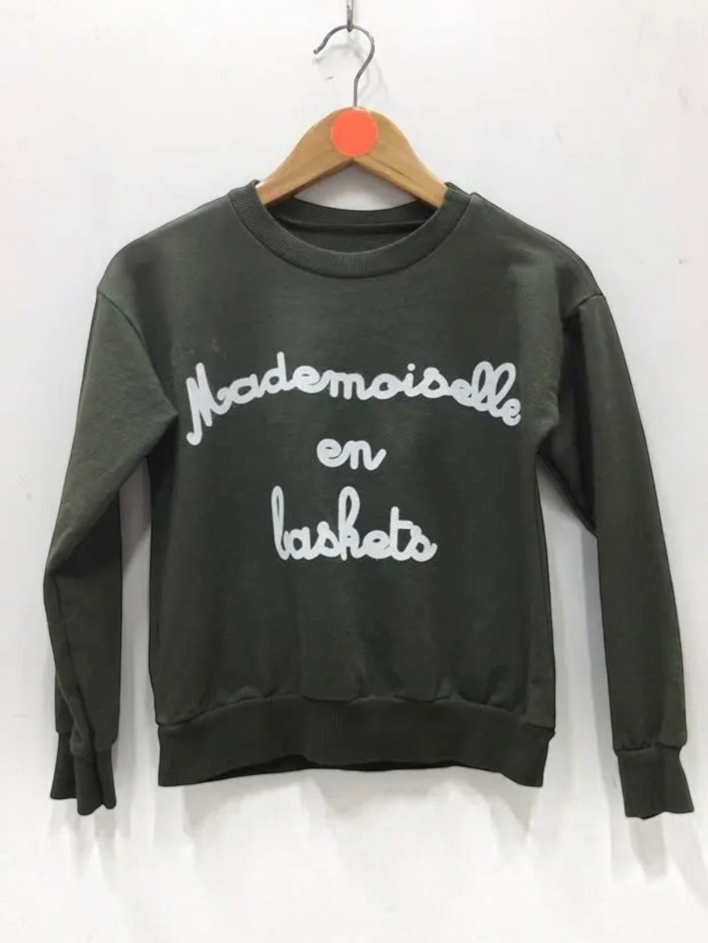 BROCK GRASSTAR khaki cotton sweatshirt for children with white Mademoiselle en baskets text on the front