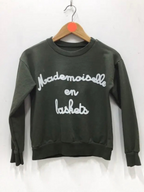 BROCK GRASSTAR khaki cotton sweatshirt for children with white Mademoiselle en baskets text on the front