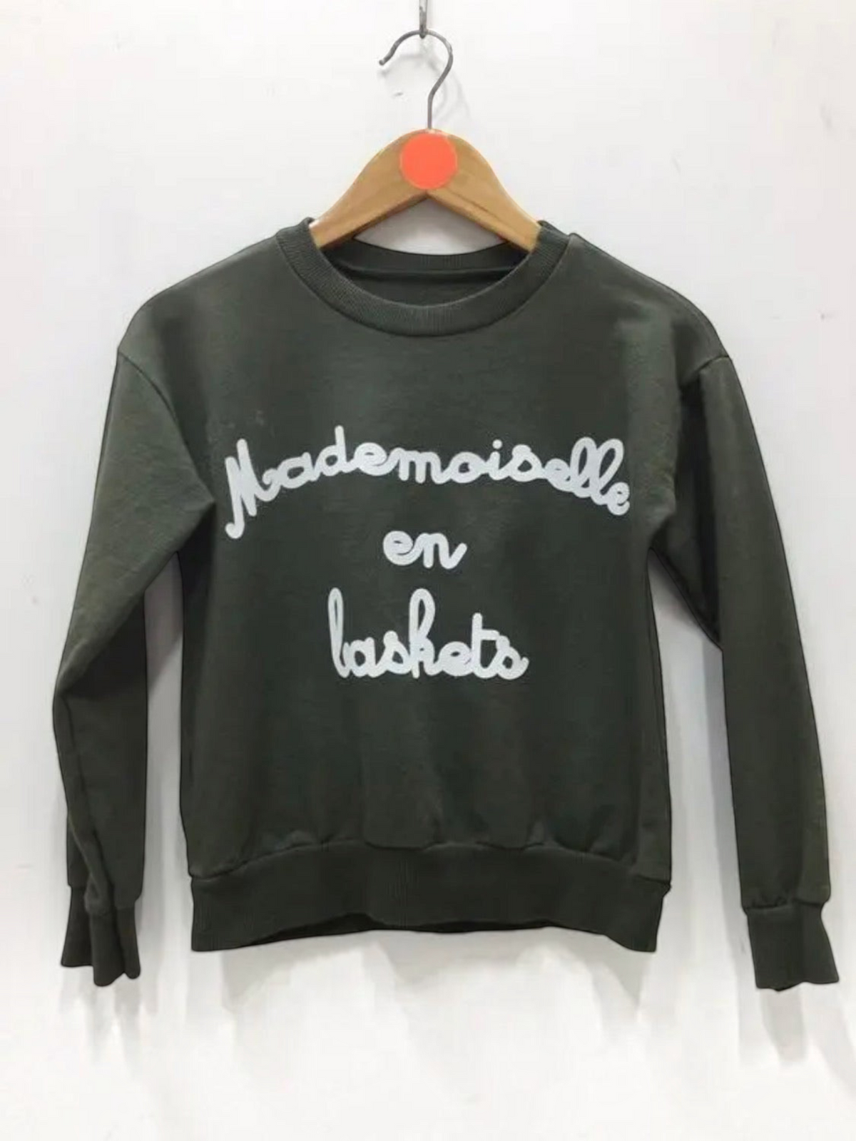 BROCK GRASSTAR khaki cotton sweatshirt for children with white Mademoiselle en baskets text on the front