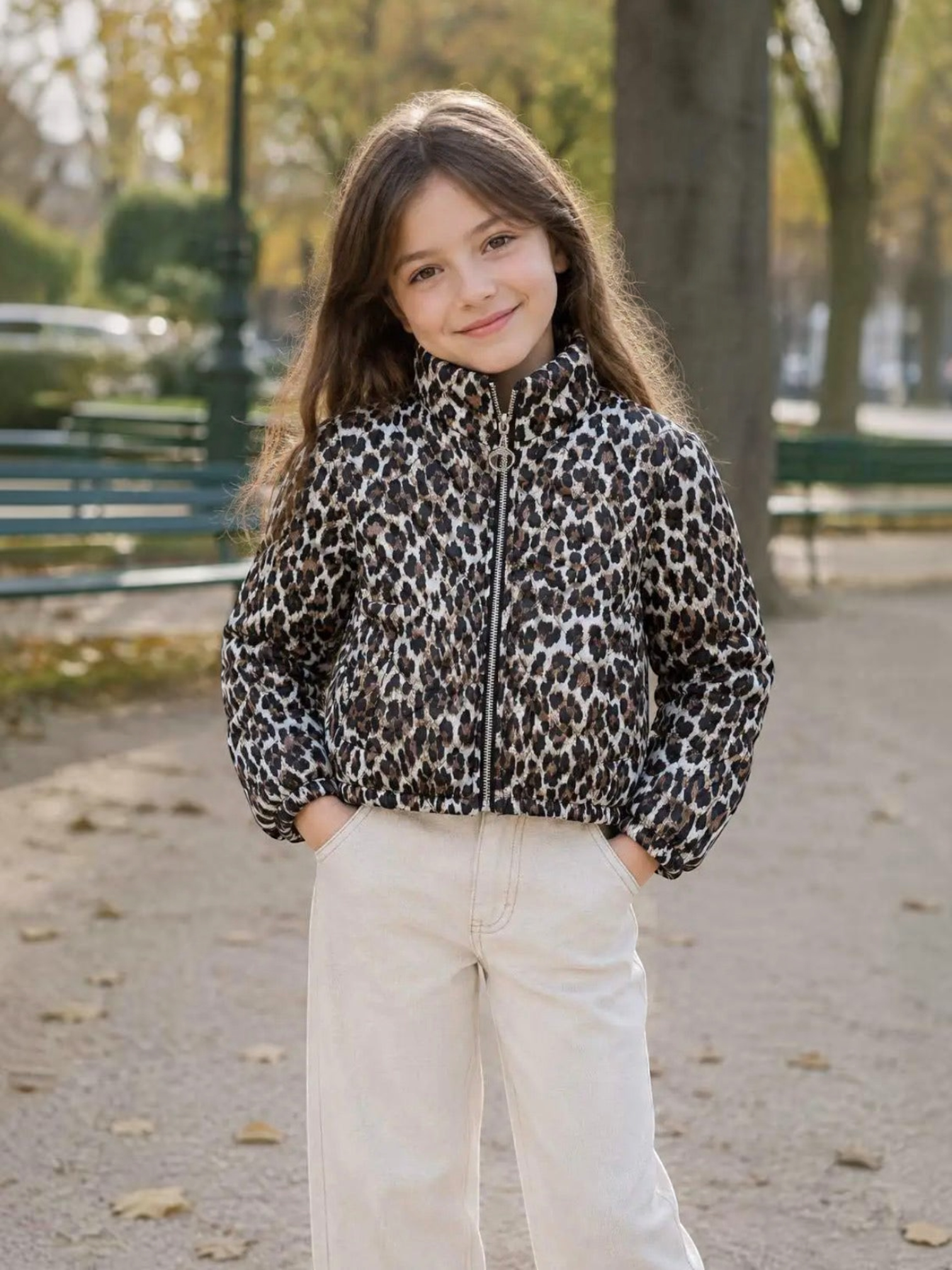 Young girl wearing a BROCK GRASSTAR leopard print polyester bomber jacket in a park setting