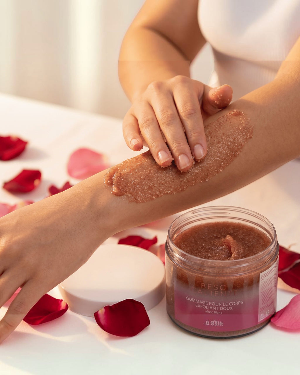 BROCK GUAPA Beso Caliente white musk body scrub being applied to an arm, featuring a sugar-based exfoliating texture.