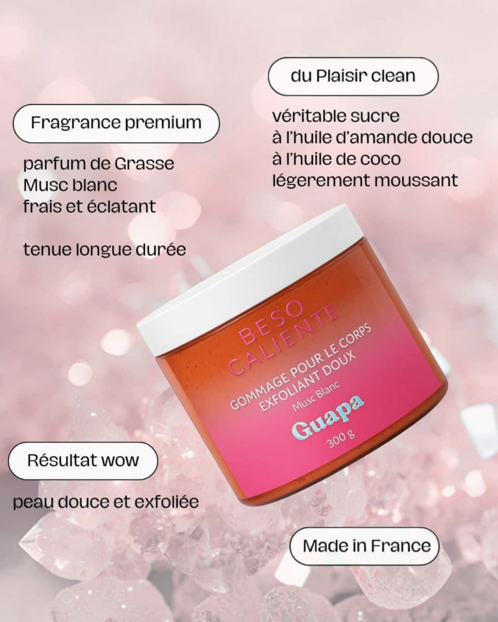 BROCK Guapa Beso Caliente white musk sugar body scrub in a pink jar with almond and coconut oil for soft skin