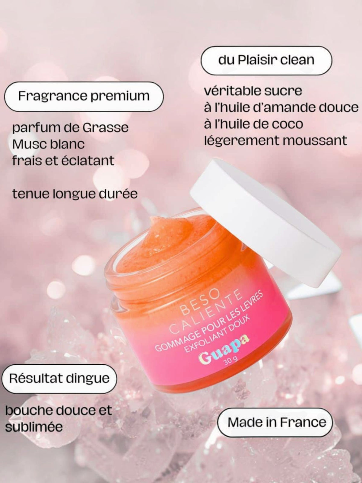 BROCK GUAPA Beso Caliente white musk sugar lip scrub in a pink jar with almond and coconut oil, made in France.