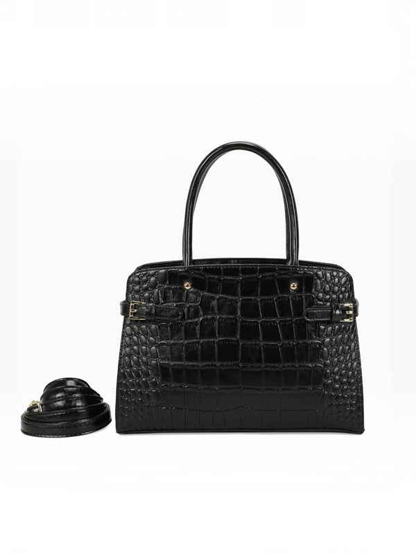 BROCK INES DELAURE black faux leather handbag with crocodile texture, top handles, and detachable shoulder strap.