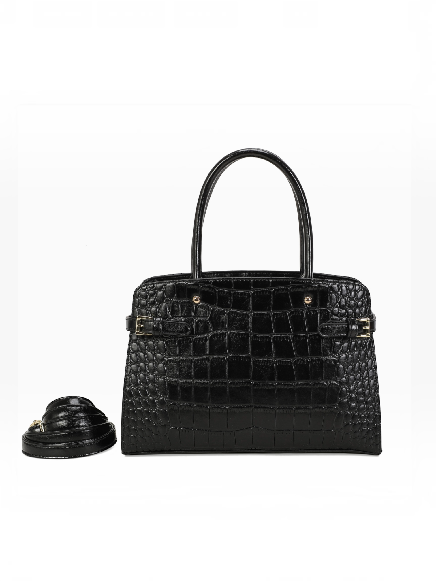 BROCK INES DELAURE black faux leather handbag with crocodile texture, top handles, and detachable shoulder strap.