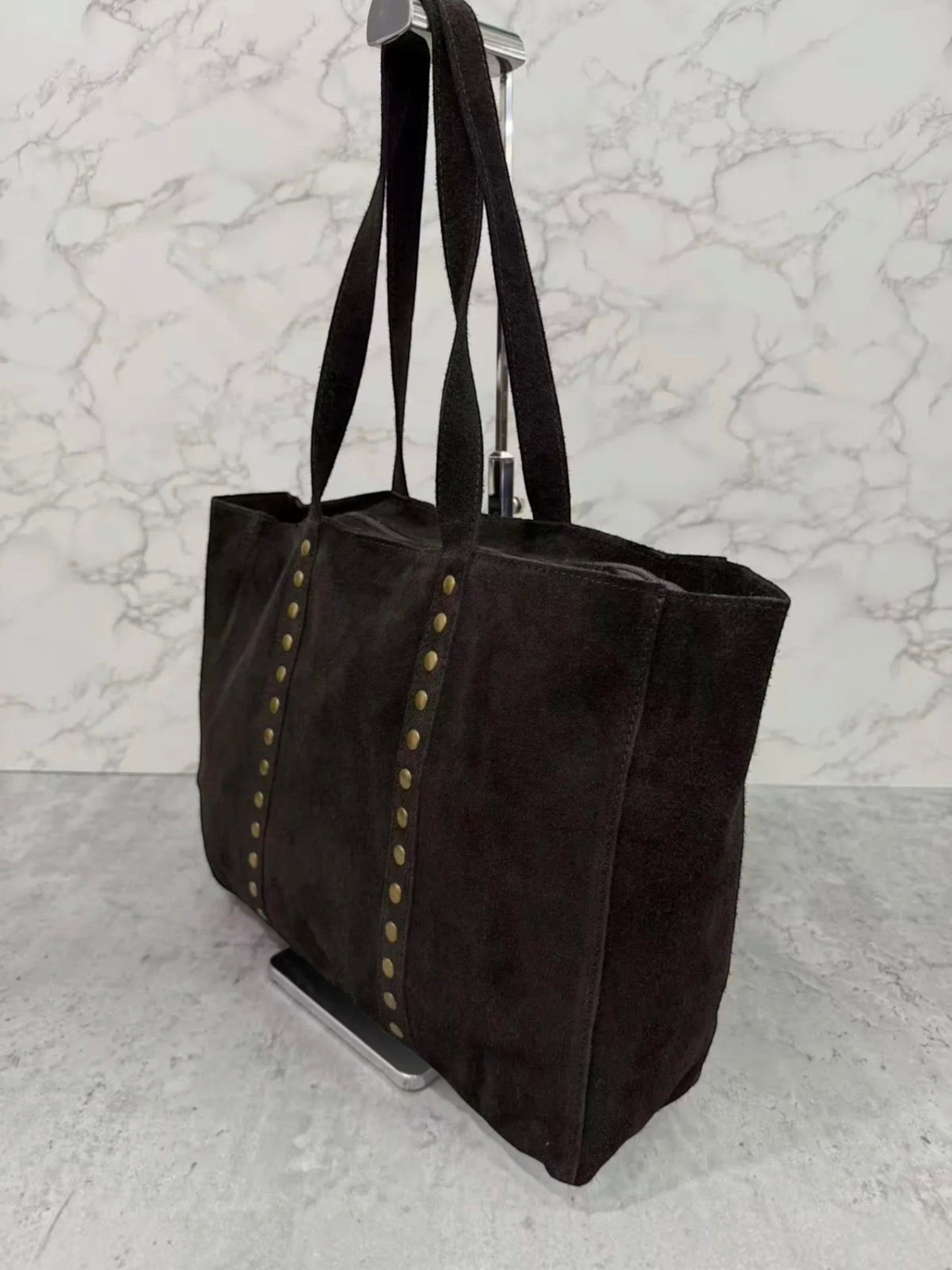 BROCK INÈS DELAURE black suede leather tote bag with gold stud detailing and zip closure