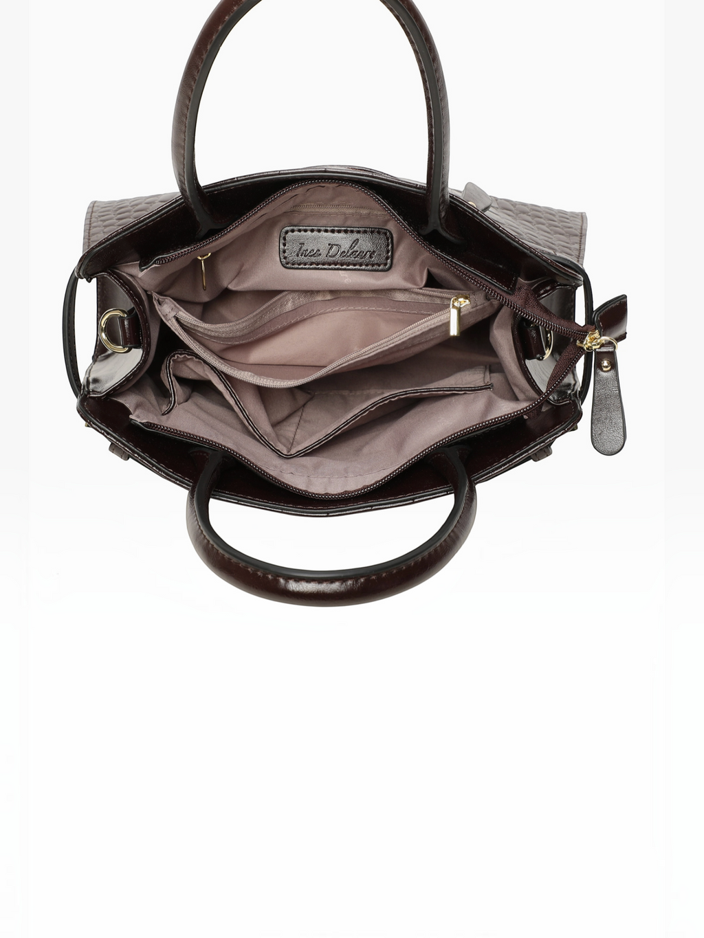 BROCK INES DELAURE brown faux leather handbag with crocodile print, showing interior compartments and zip pockets.