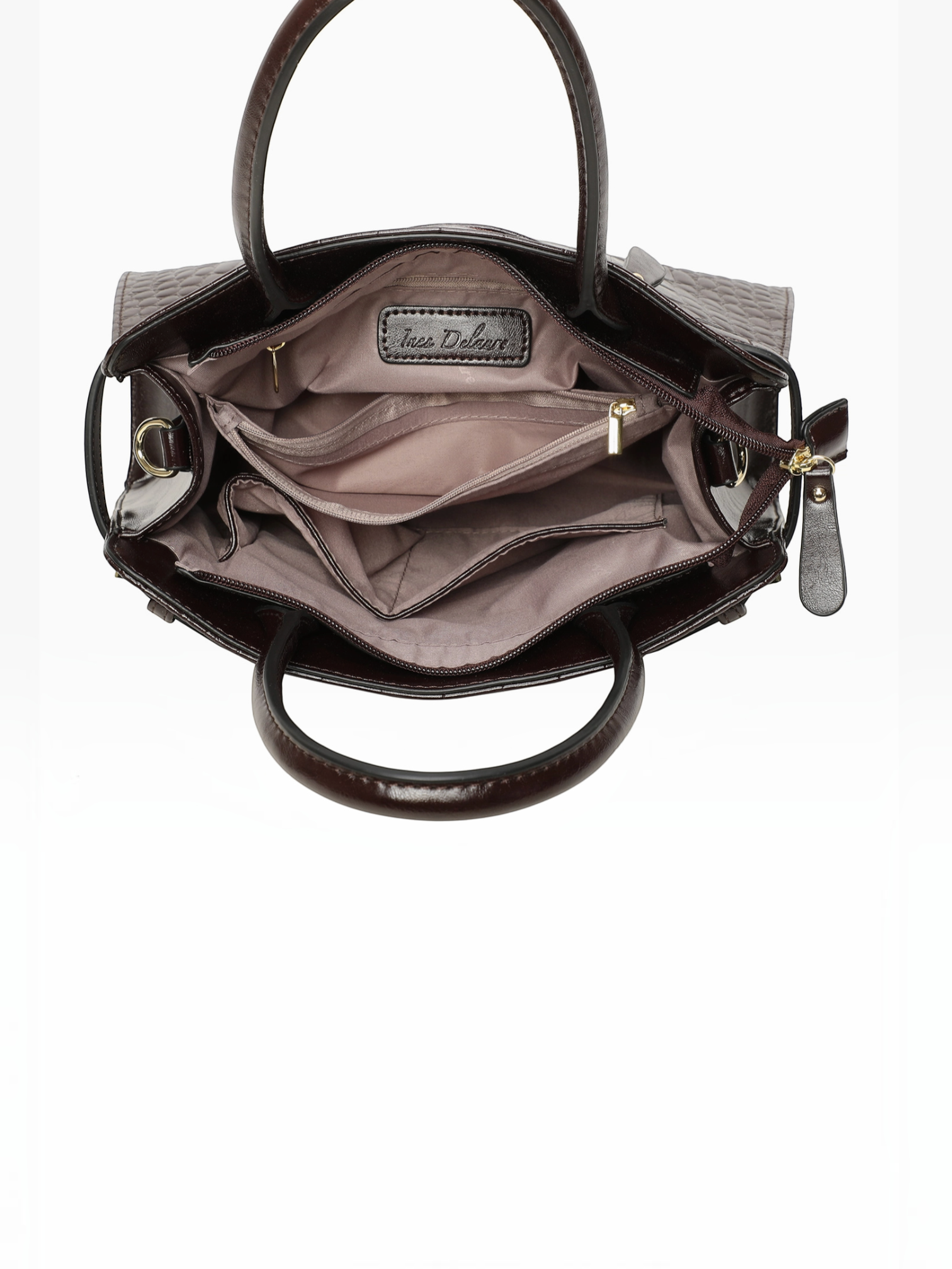 BROCK INES DELAURE brown faux leather handbag with crocodile print, showing interior compartments and zip pockets.