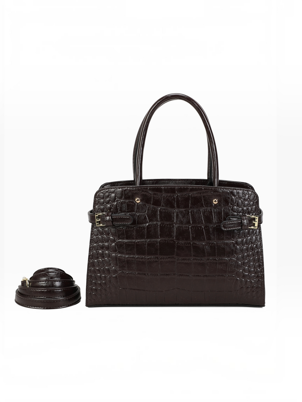 BROCK INES DELAURE dark brown faux leather handbag with crocodile print, gold hardware, and detachable shoulder strap.