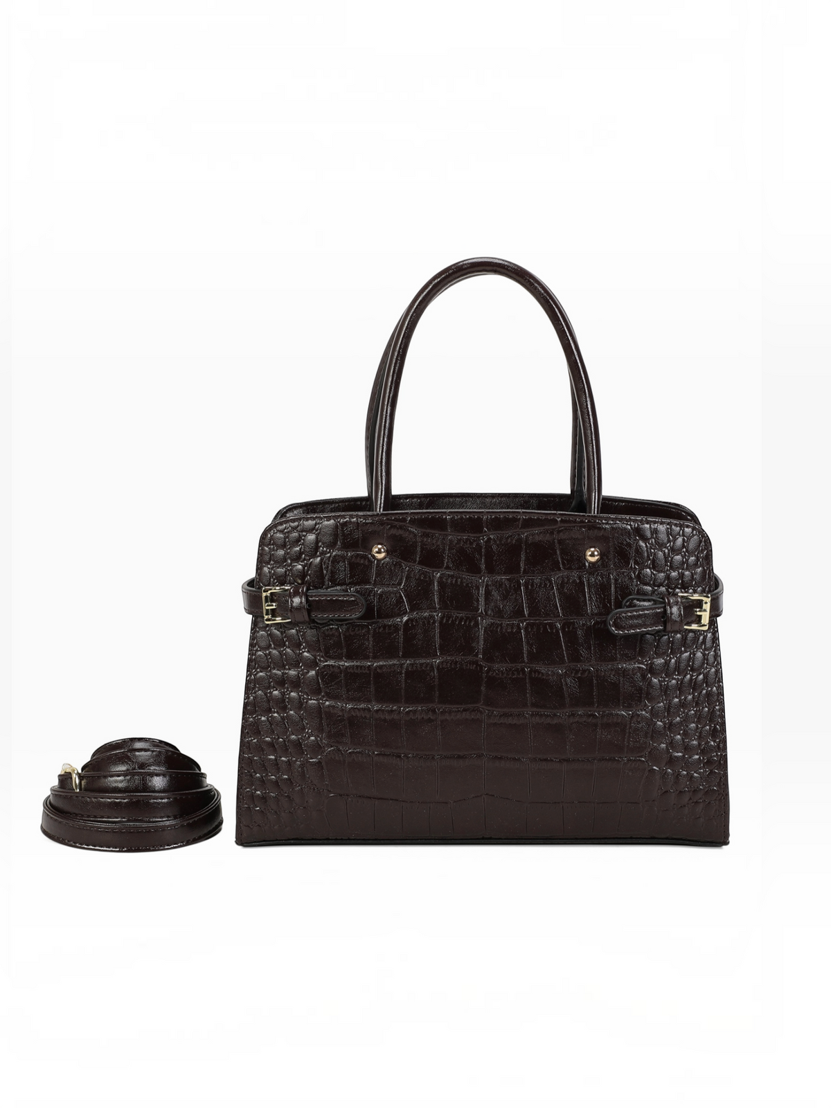BROCK INES DELAURE dark brown faux leather handbag with crocodile print, gold hardware, and detachable shoulder strap.