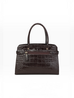 BROCK INES DELAURE dark brown faux leather handbag with a stylish crocodile embossed texture and back zipper pocket.