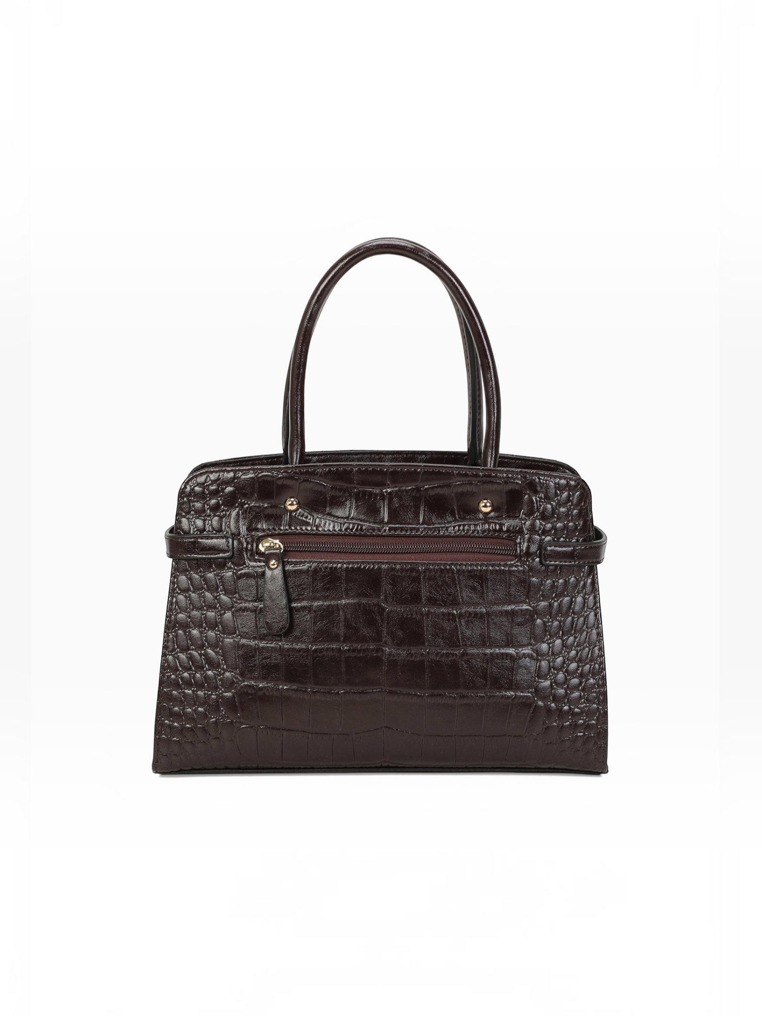 BROCK INES DELAURE dark brown faux leather handbag with a stylish crocodile embossed texture and back zipper pocket.