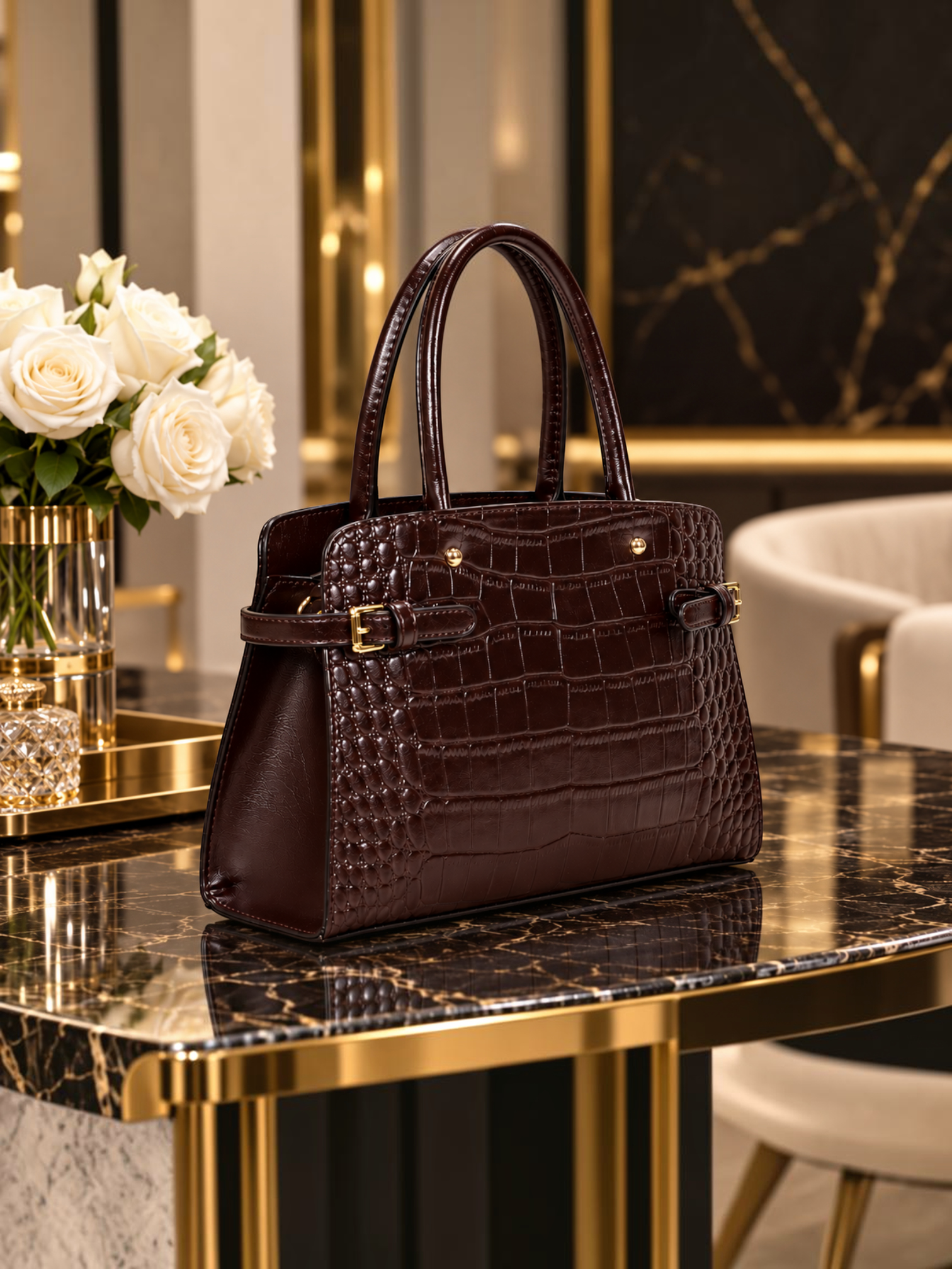 BROCK INES DELAURE dark brown faux leather handbag with crocodile embossed texture and gold hardware details