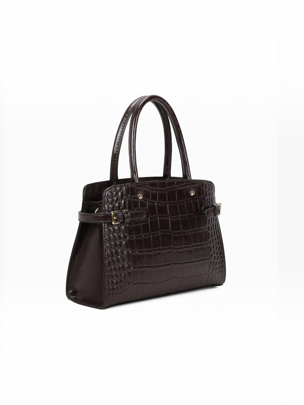 BROCK INES DELAURE dark brown faux leather handbag with a stylish crocodile skin texture and side buckle details.