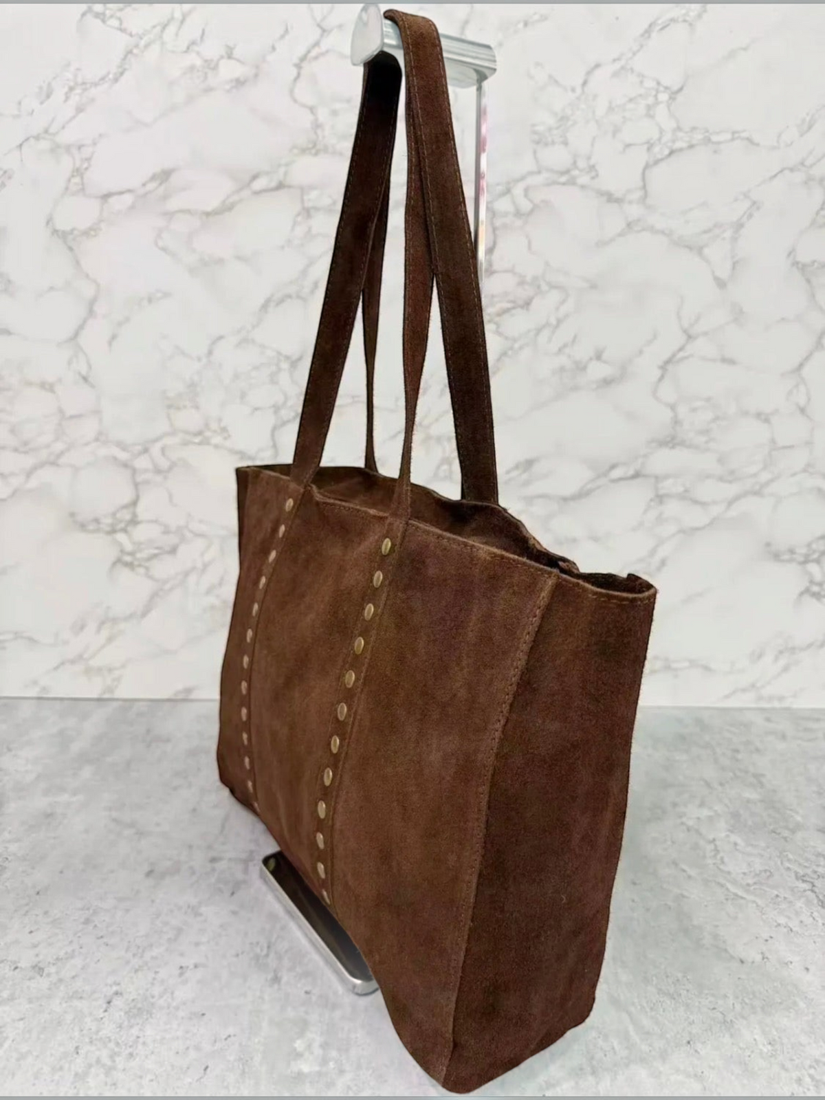BROCK INÈS DELAURE brown suede leather tote bag with side stud details and zip closure
