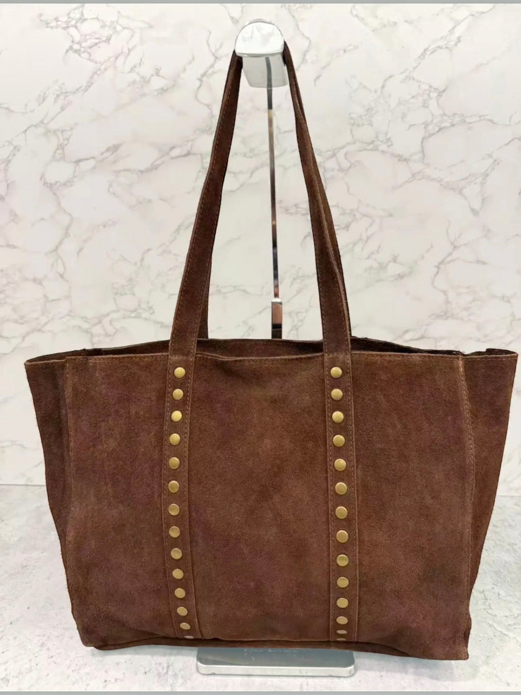 BROCK INÈS DELAURE brown suede leather tote bag with gold stud detailing and zip closure