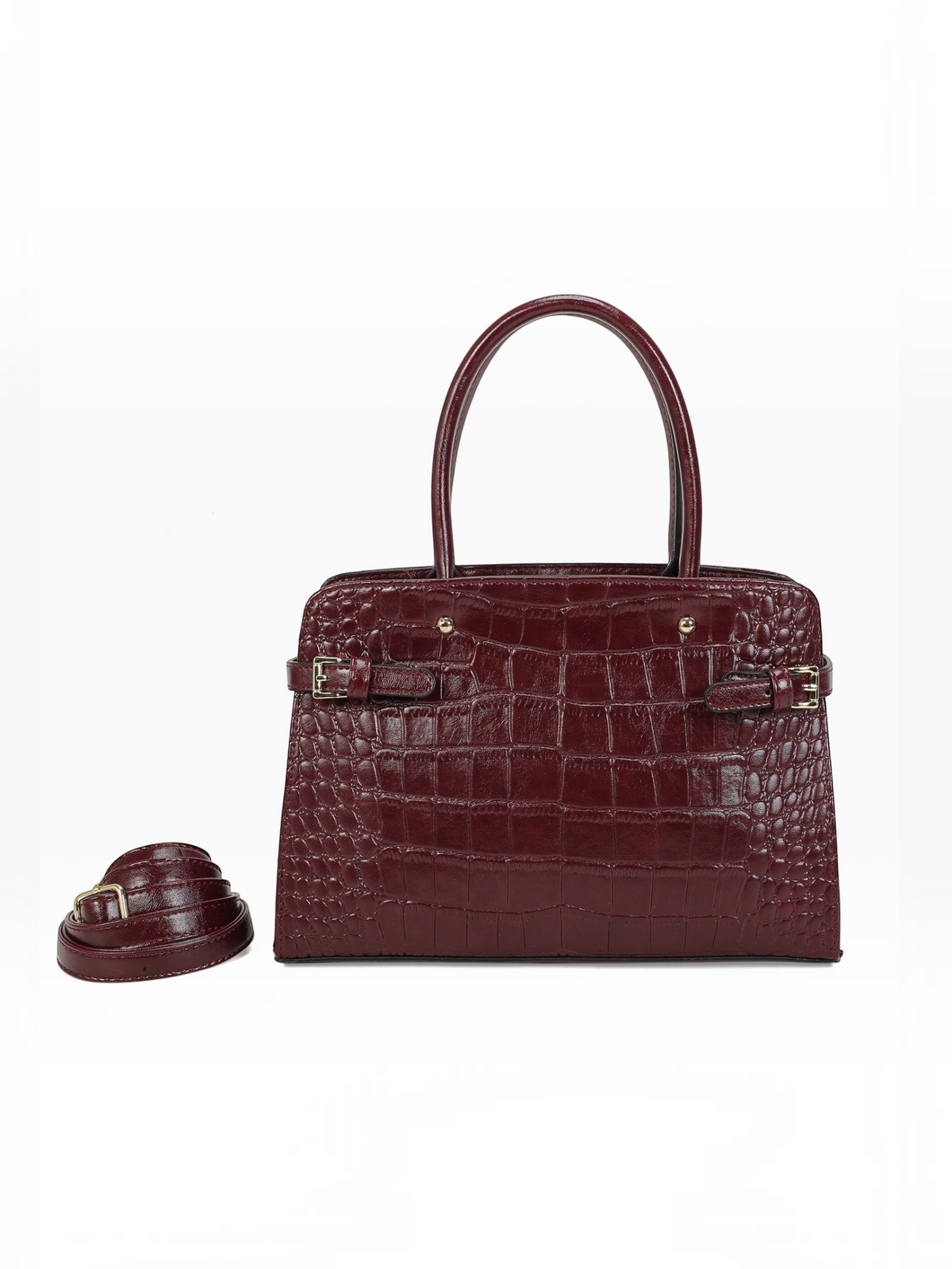BROCK INES DELAURE burgundy faux leather handbag with crocodile embossed texture and adjustable shoulder strap
