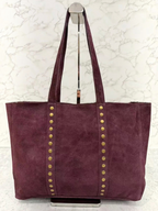 BROCK INÈS DELAURE deep purple suede leather tote bag with gold stud detailing and zip closure