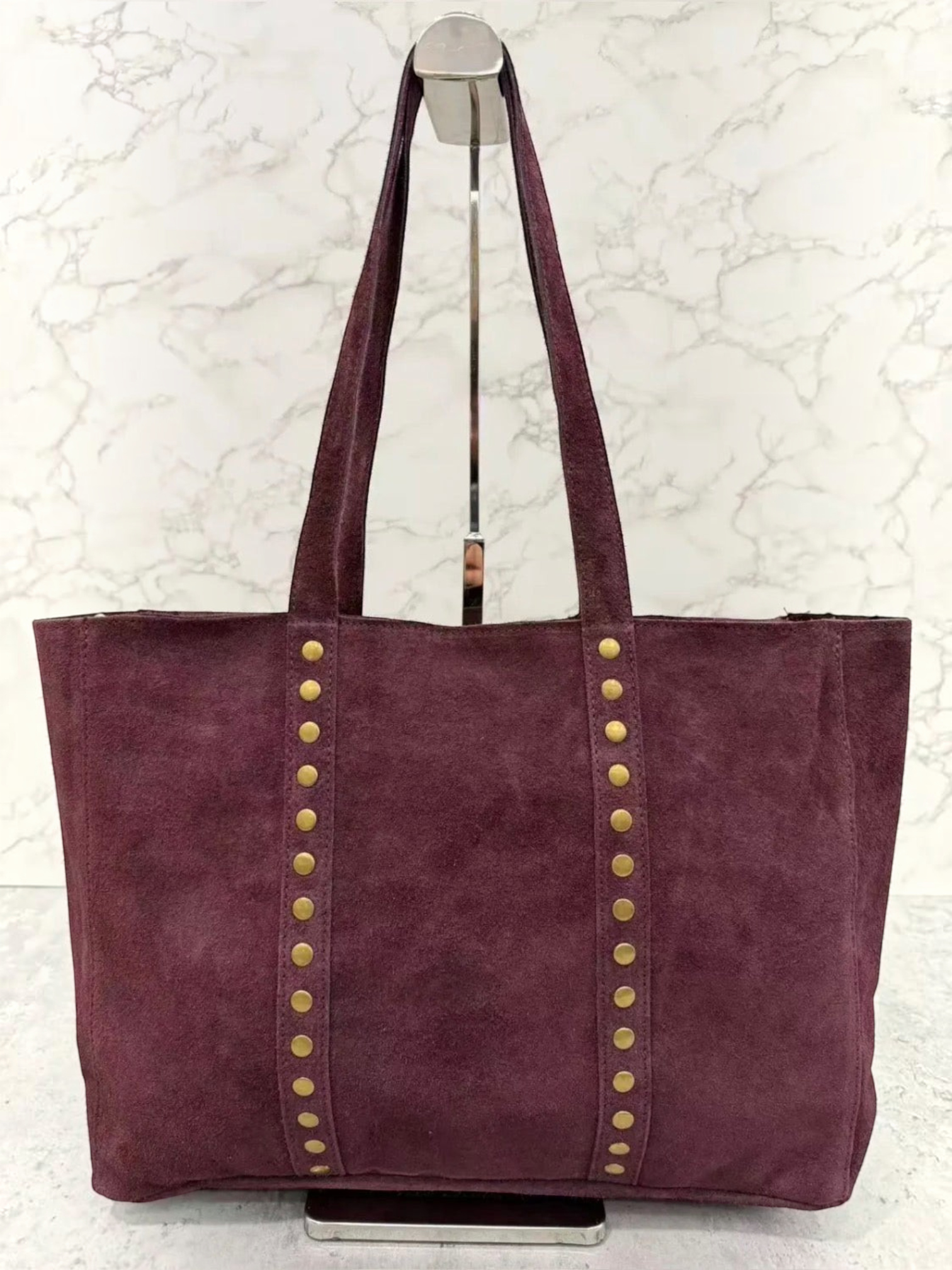 BROCK INÈS DELAURE deep purple suede leather tote bag with gold stud detailing and zip closure