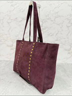 BROCK INÈS DELAURE deep purple suede tote bag with gold stud detailing and zip closure