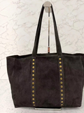 BROCK INÈS DELAURE dark brown suede tote bag with gold stud detailing and zip closure