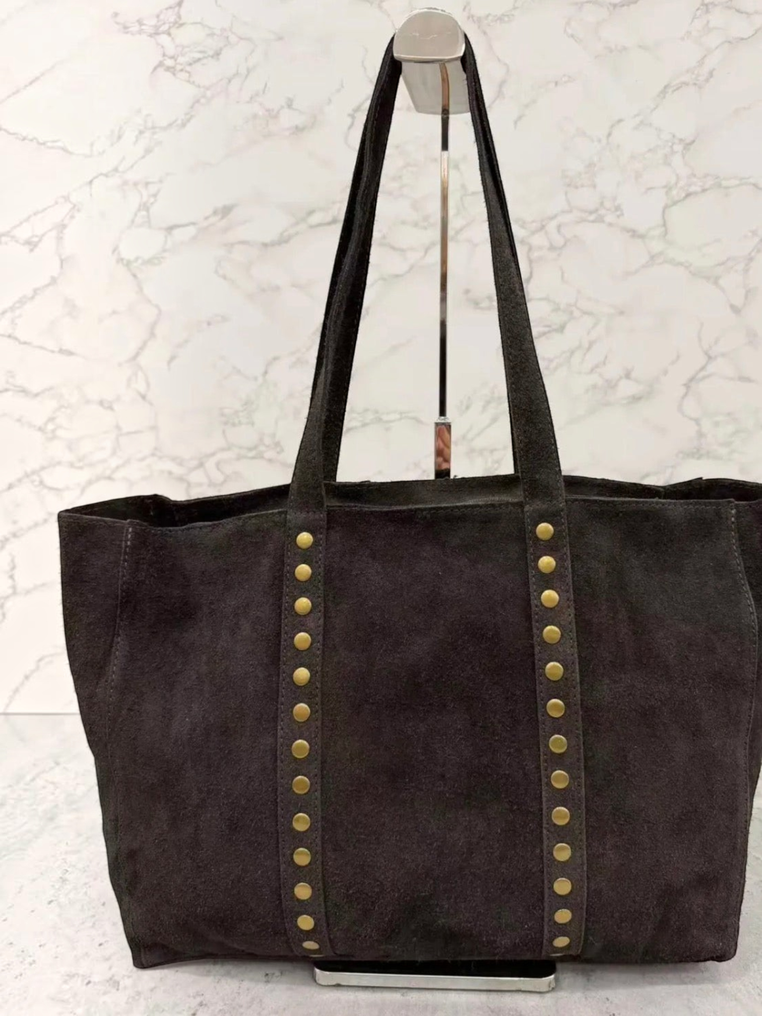 BROCK INÈS DELAURE dark brown suede tote bag with gold stud detailing and zip closure