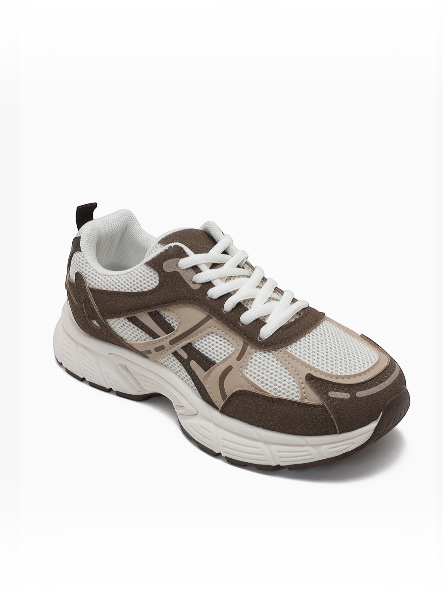 BROCK JOIA women's running sneakers in beige and brown mesh with thick cushioned soles and synthetic overlays.