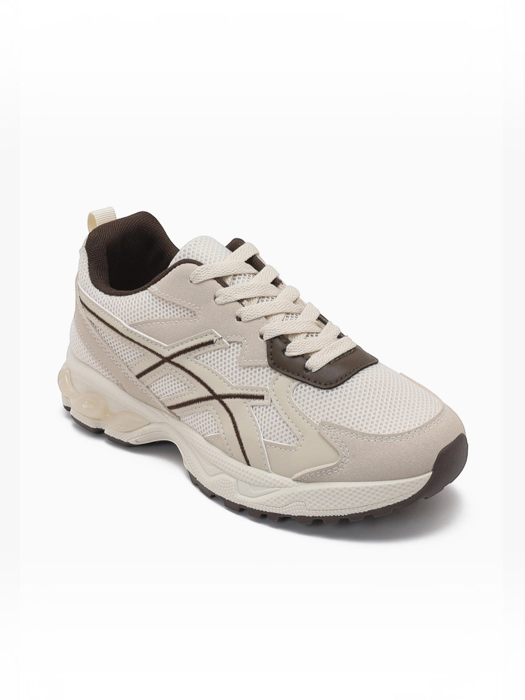 BROCK JOIA women's running style sneakers in beige and brown mesh with thick cushioned soles