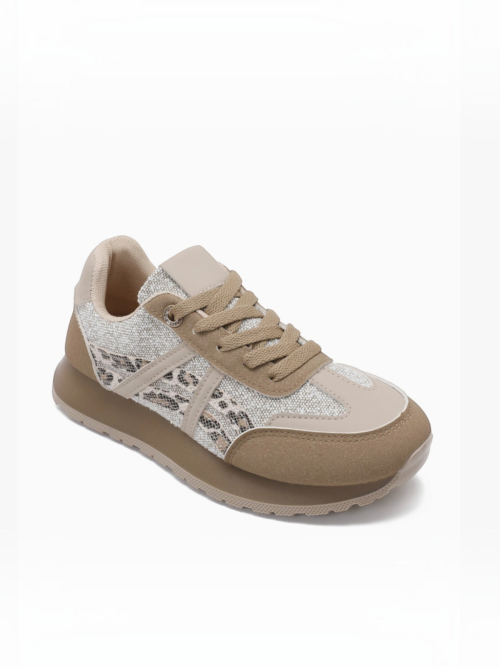 BROCK JOIA women's lifestyle running sneakers in beige with leopard print panels and a thick comfortable sole.