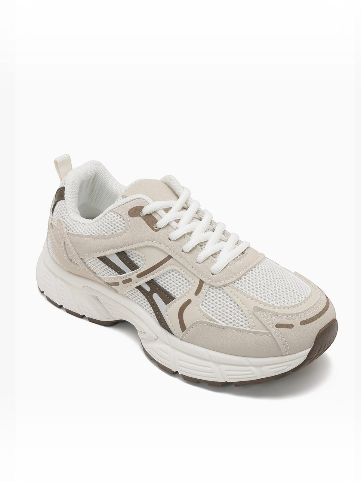 BROCK JOIA women's beige mesh running sneakers with thick cushioned soles and synthetic leather accents
