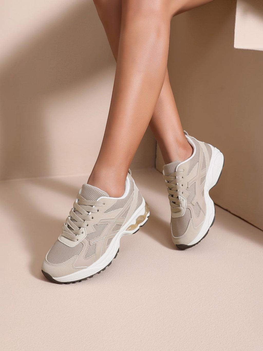 BROCK JOIA women's beige running style sneakers with mesh and synthetic suede panels and thick cushioned soles