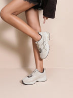 BROCK JOIA women's beige running sneakers with mesh and synthetic suede panels and a thick cushioned sole