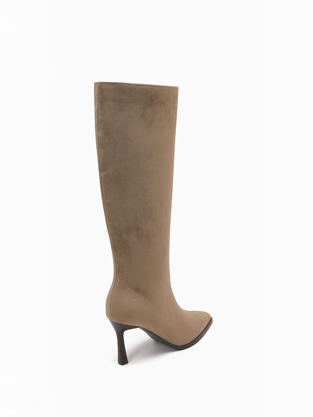BROCK JOIA beige synthetic knee-high boots with a pointed toe and 8cm stiletto heel, side view.
