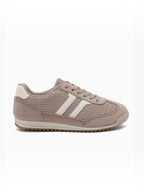 BROCK JOIA beige low-top sneakers with textured synthetic panels, white contrast stripes, and a lugged sole.