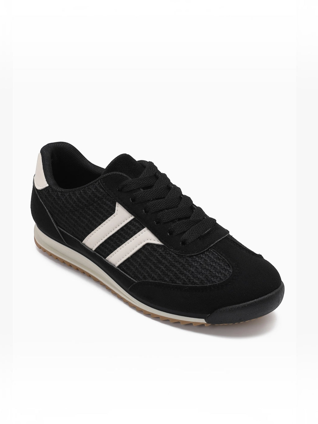 BROCK JOIA black low-top sneakers with white contrast side stripes, rounded toe, and textured synthetic upper.