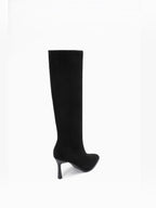 BROCK JOIA black synthetic high-heeled boots with a pointed toe and sleek straight shaft design.