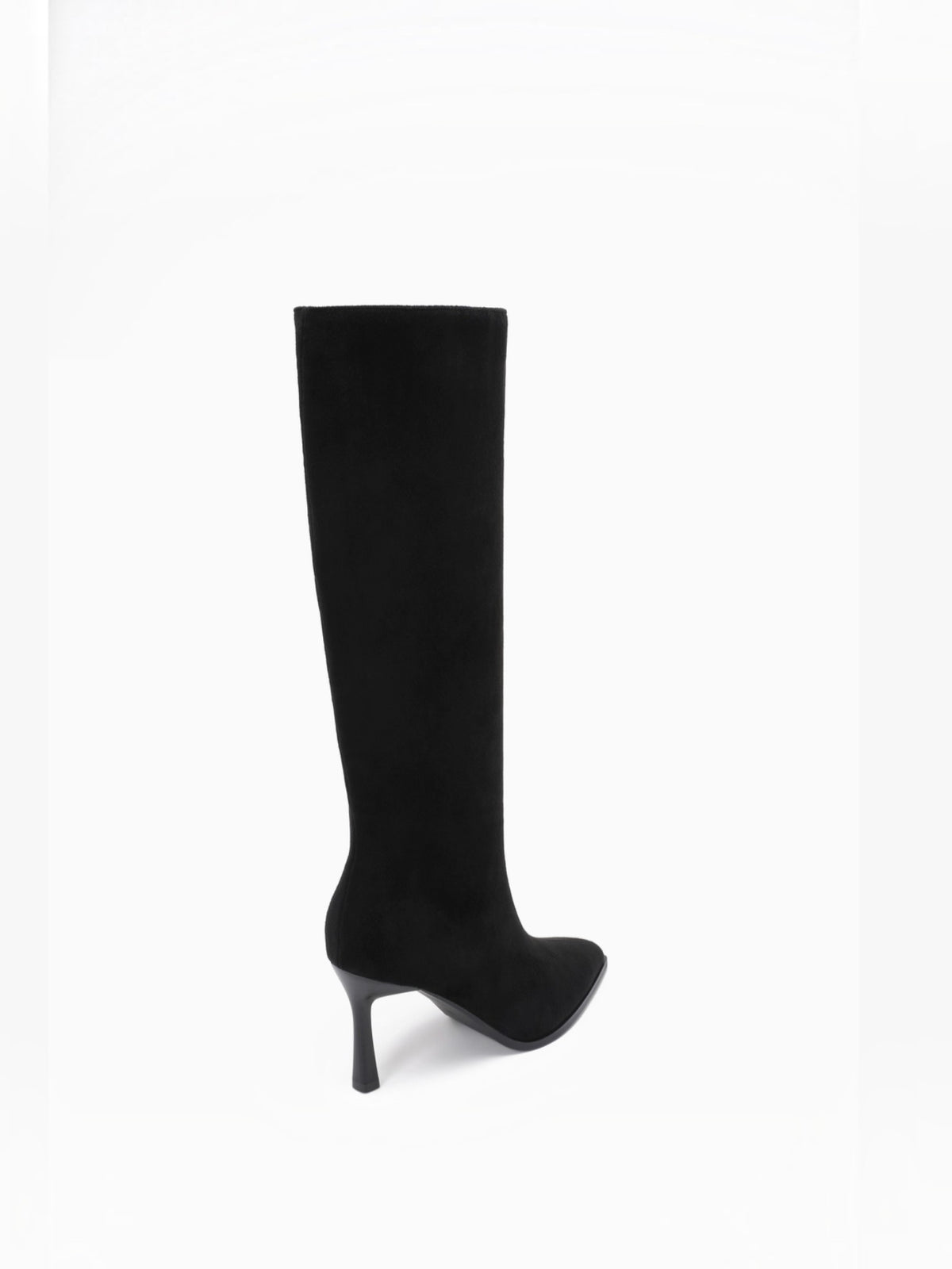 BROCK JOIA black synthetic high-heeled boots with a pointed toe and sleek straight shaft design.