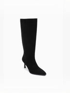 BROCK JOIA black synthetic high-heeled boots with a pointed toe and 8cm stiletto heel, elegant knee-high design.