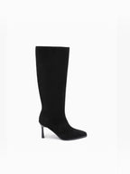 BROCK JOIA black synthetic high-heeled boots with a pointed toe and sleek straight shaft design.