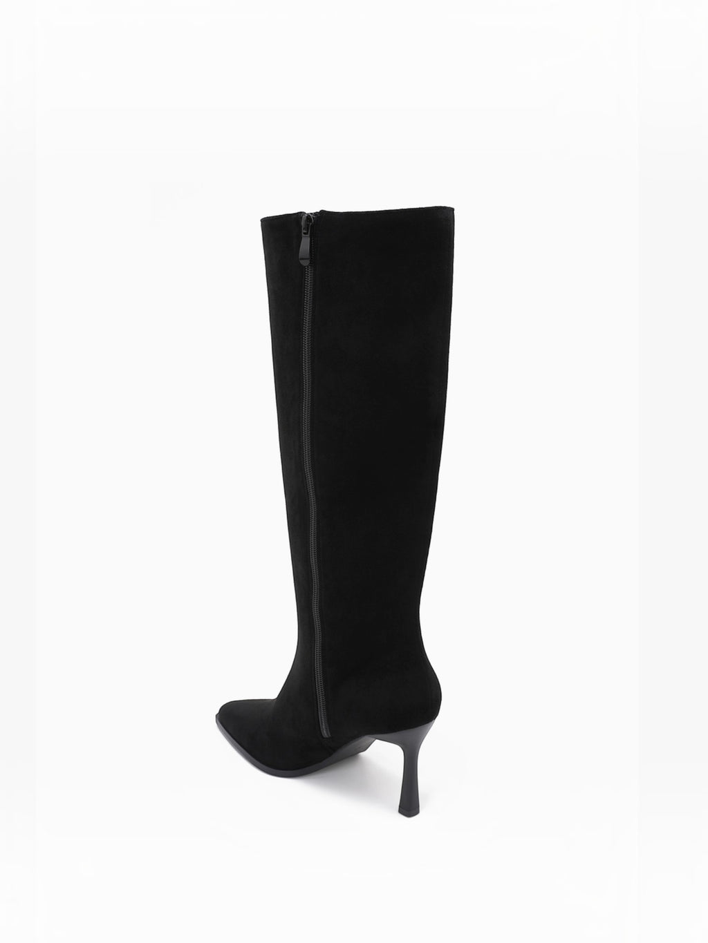 BROCK JOIA black high-heeled boots with a pointed toe, side zipper, and sleek synthetic shaft.