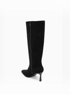 BROCK JOIA black high-heeled boots with a pointed toe, side zipper, and sleek synthetic shaft.