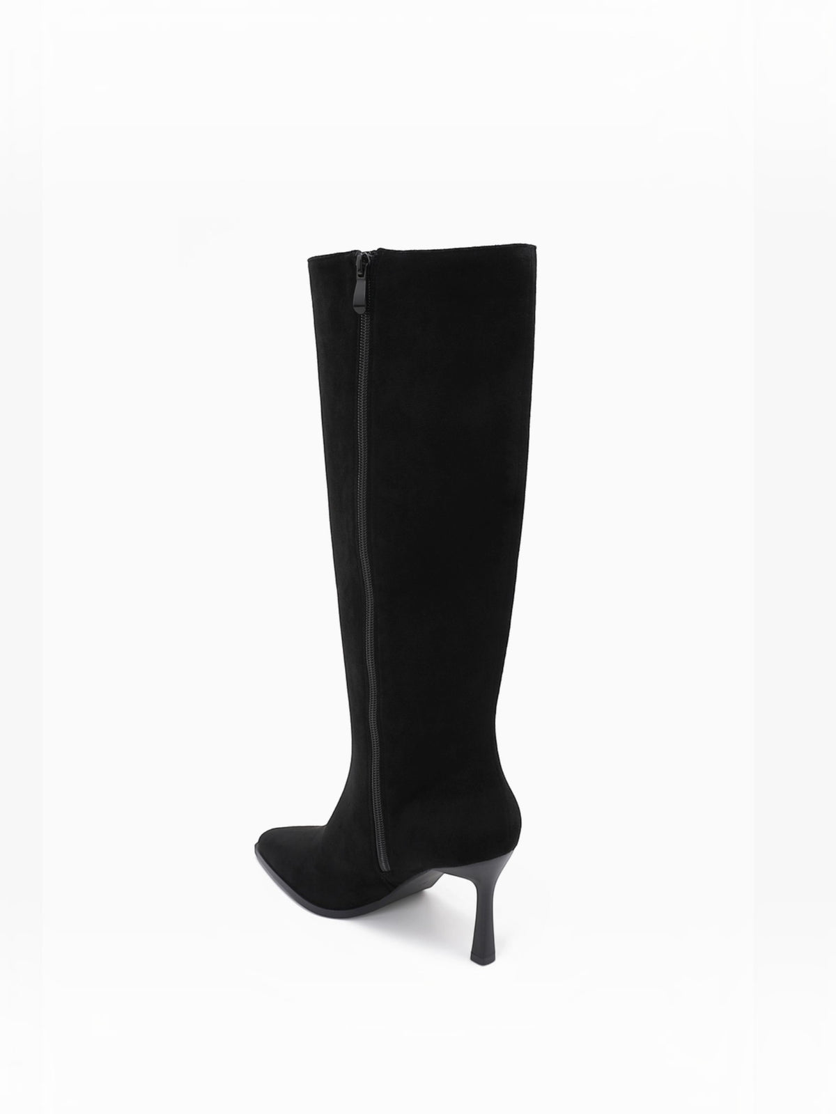 BROCK JOIA black high-heeled boots with a pointed toe, side zipper, and sleek synthetic shaft.