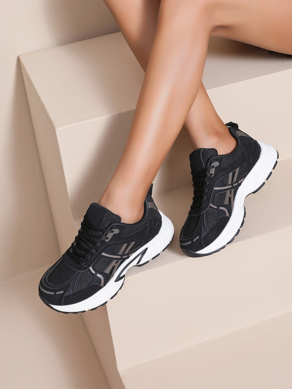 BROCK JOIA women's black mesh running sneakers with thick white cushioned soles and synthetic overlays