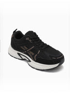 BROCK JOIA women's black running sneakers with breathable mesh, synthetic overlays, and a thick cushioned sole.