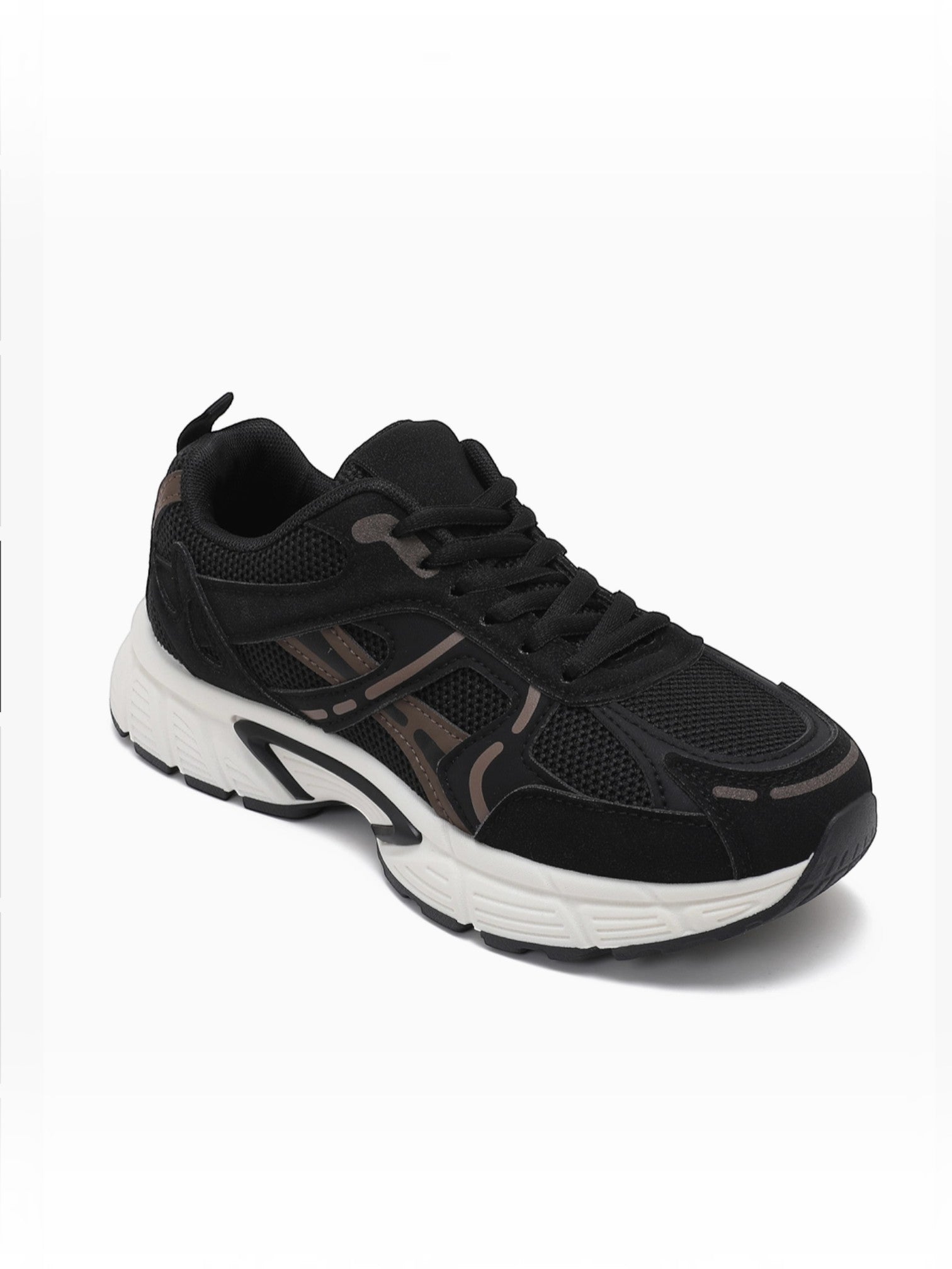 BROCK JOIA women's black running sneakers with breathable mesh, synthetic overlays, and a thick cushioned sole.
