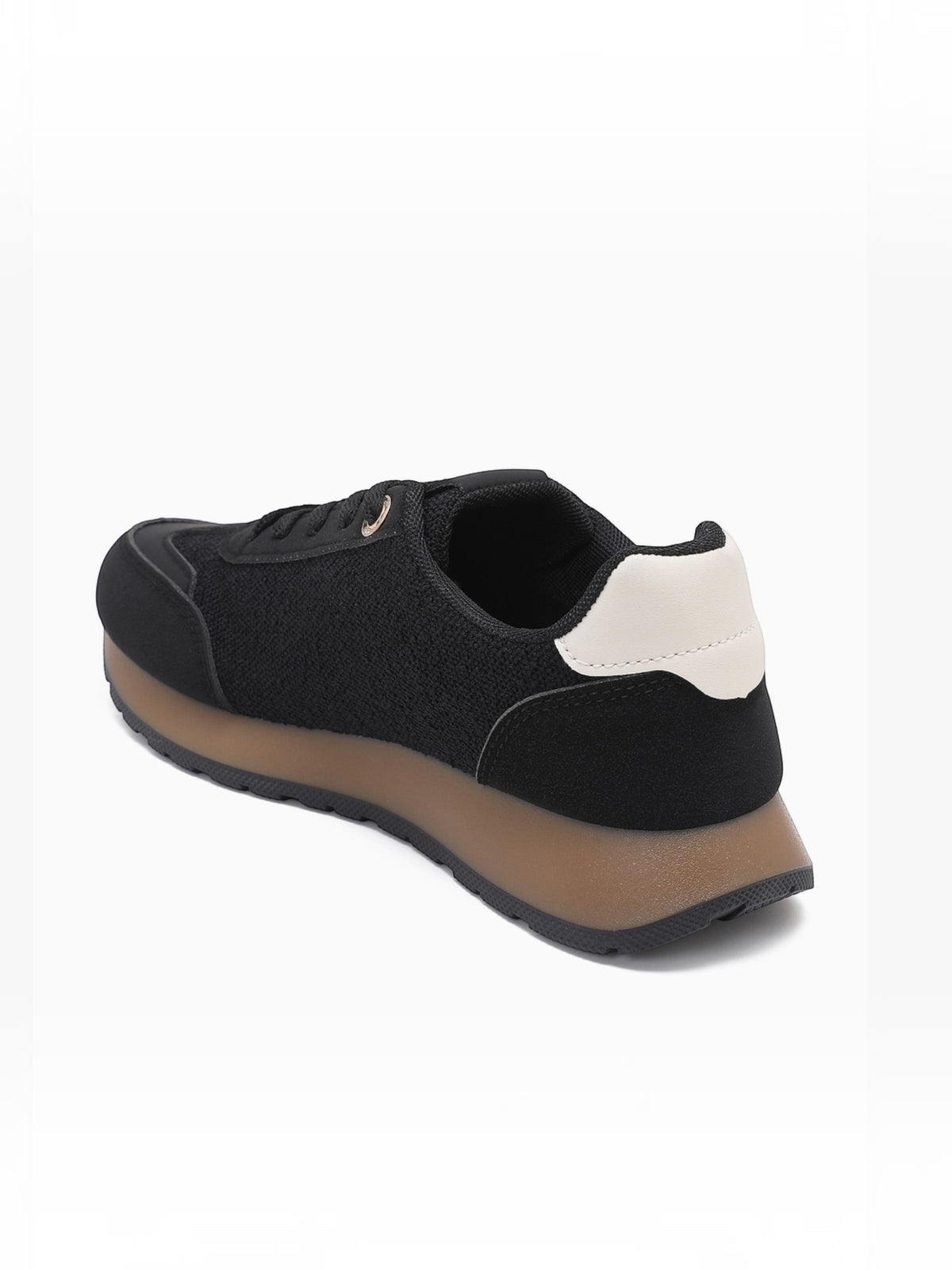 BROCK JOIA women's black running lifestyle sneakers with a contrasting beige heel tab and translucent brown sole.