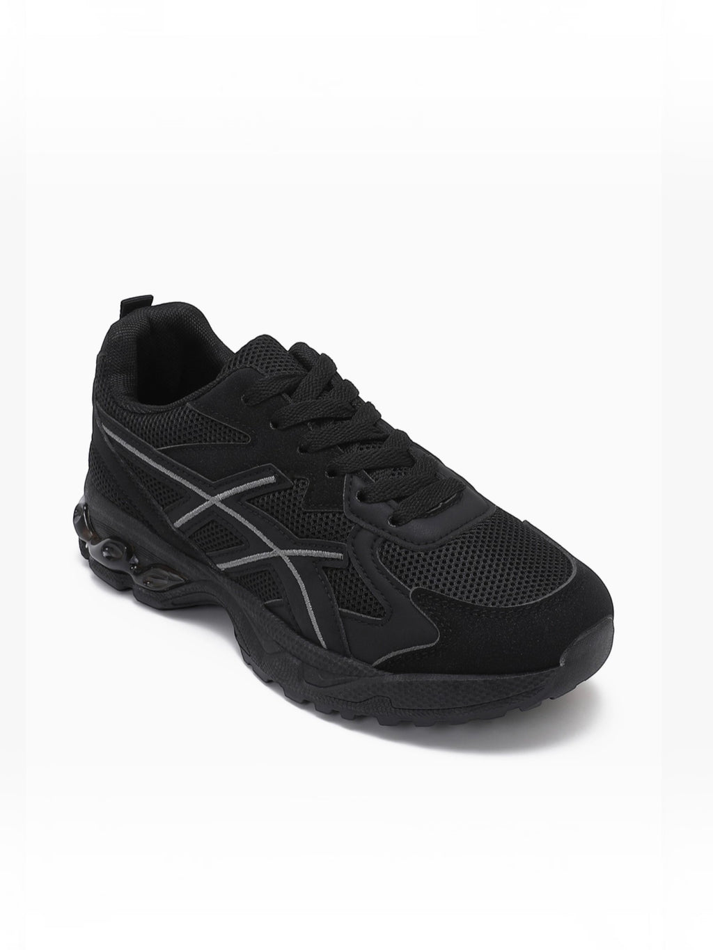 BROCK JOIA women's black running-style sneakers with mesh, synthetic suede, and thick cushioned sole.