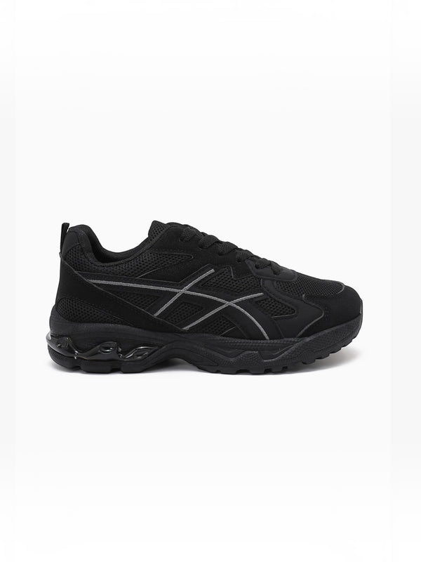 BROCK JOIA women's black running-style sneakers with mesh, synthetic suede, and thick cushioned soles.