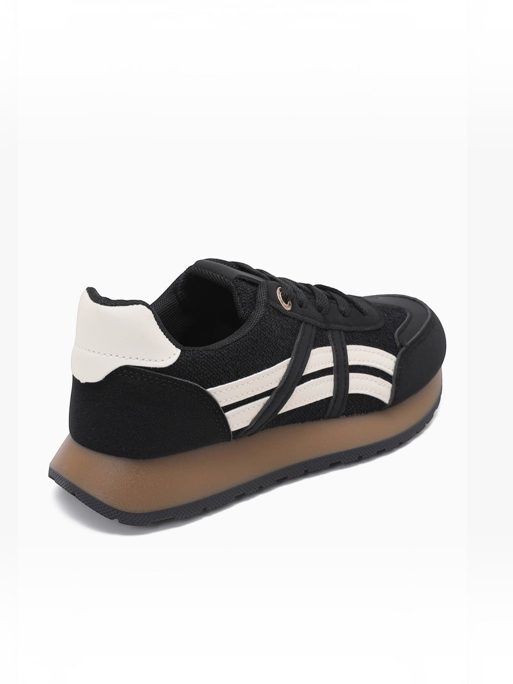 BROCK JOIA women's black and white running lifestyle sneakers with a thick gum sole and contrast panel design