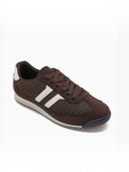 BROCK JOIA brown low-top sneakers with white contrast side stripes, textured synthetic panels, and a lugged sole.